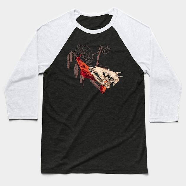 Enigmatic Escargots: Spooky Art Print Featuring Red Snail Donning Tufted Deer Skull Shell Baseball T-Shirt by venglehart